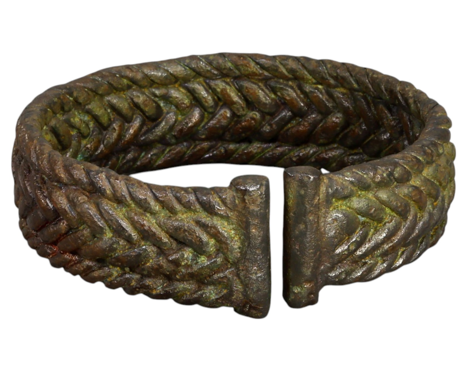 VIKING BRONZE ARM RING - Thick Braided Design, 9th-11th Century AD: A robust and intricately crafted Viking bronze arm ring, measuring 7.3 cm in diameter and 2 cm in width, with a substantial weight of 134g. This piece features a thick, tightly braided pattern, a hall