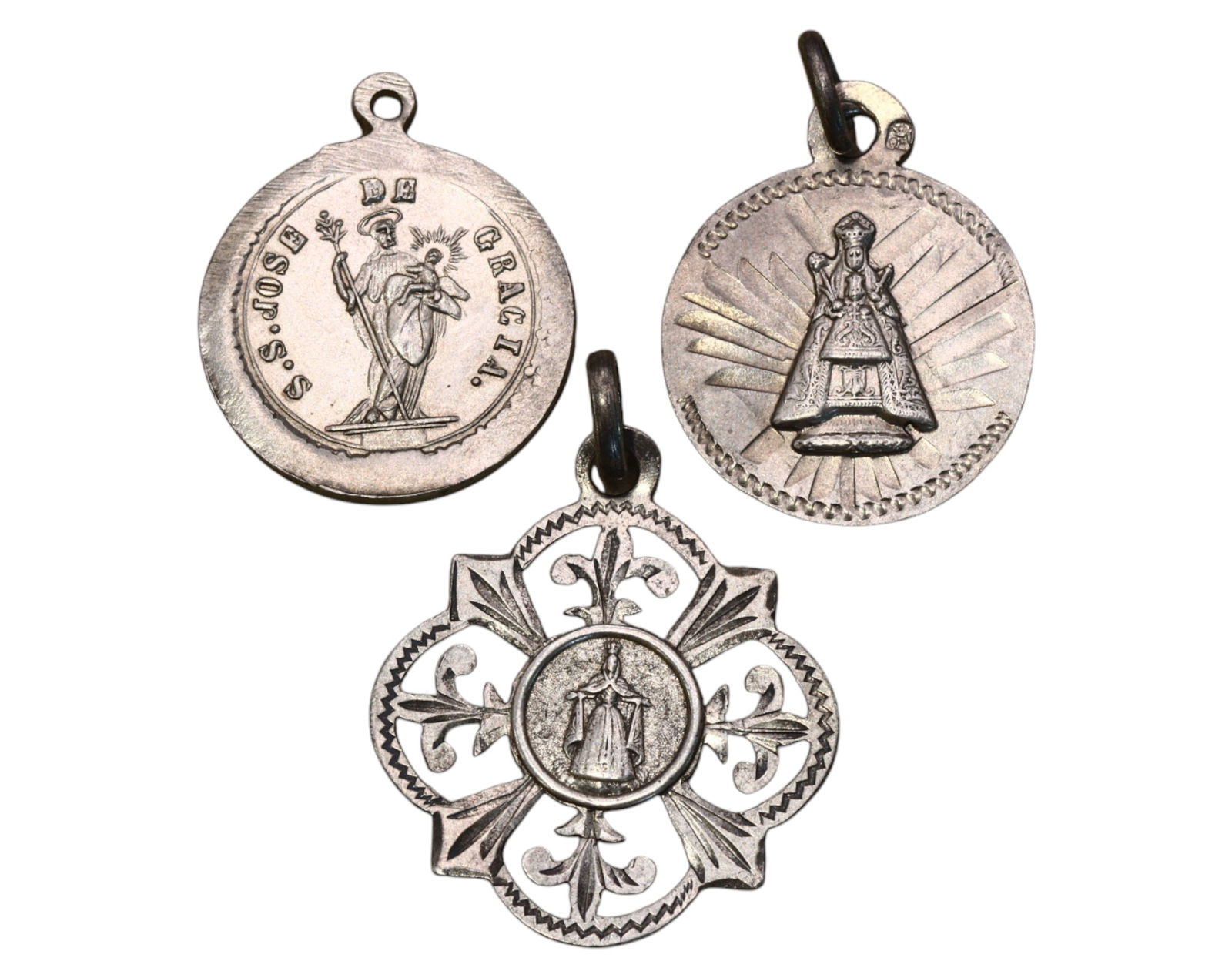 SPAIN: Set of Three Silver Devotional Medals - 19th-20th Century, 2.4-2.7cm, 7g (1 of 3)