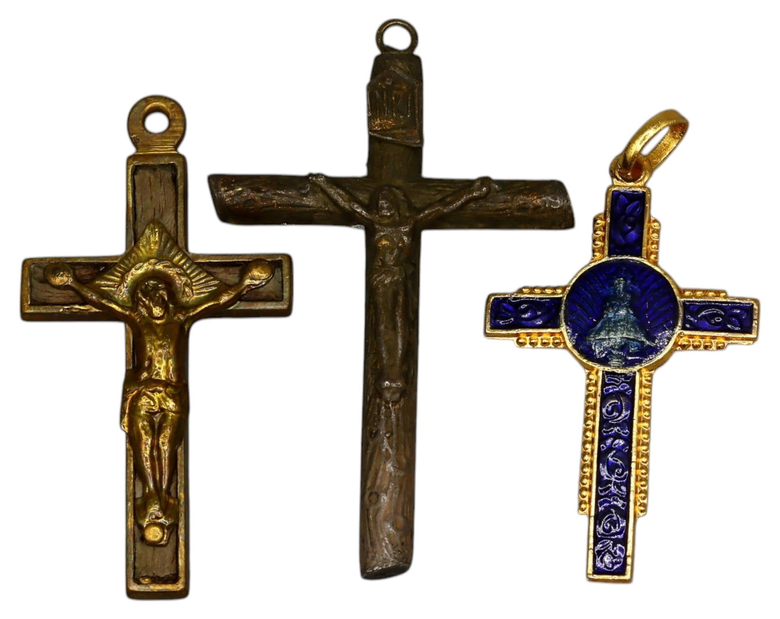 SPAIN: Set of Three Cross Pendants - Crucifix & Marian Devotion, 19th-20th Century (1 of 3)