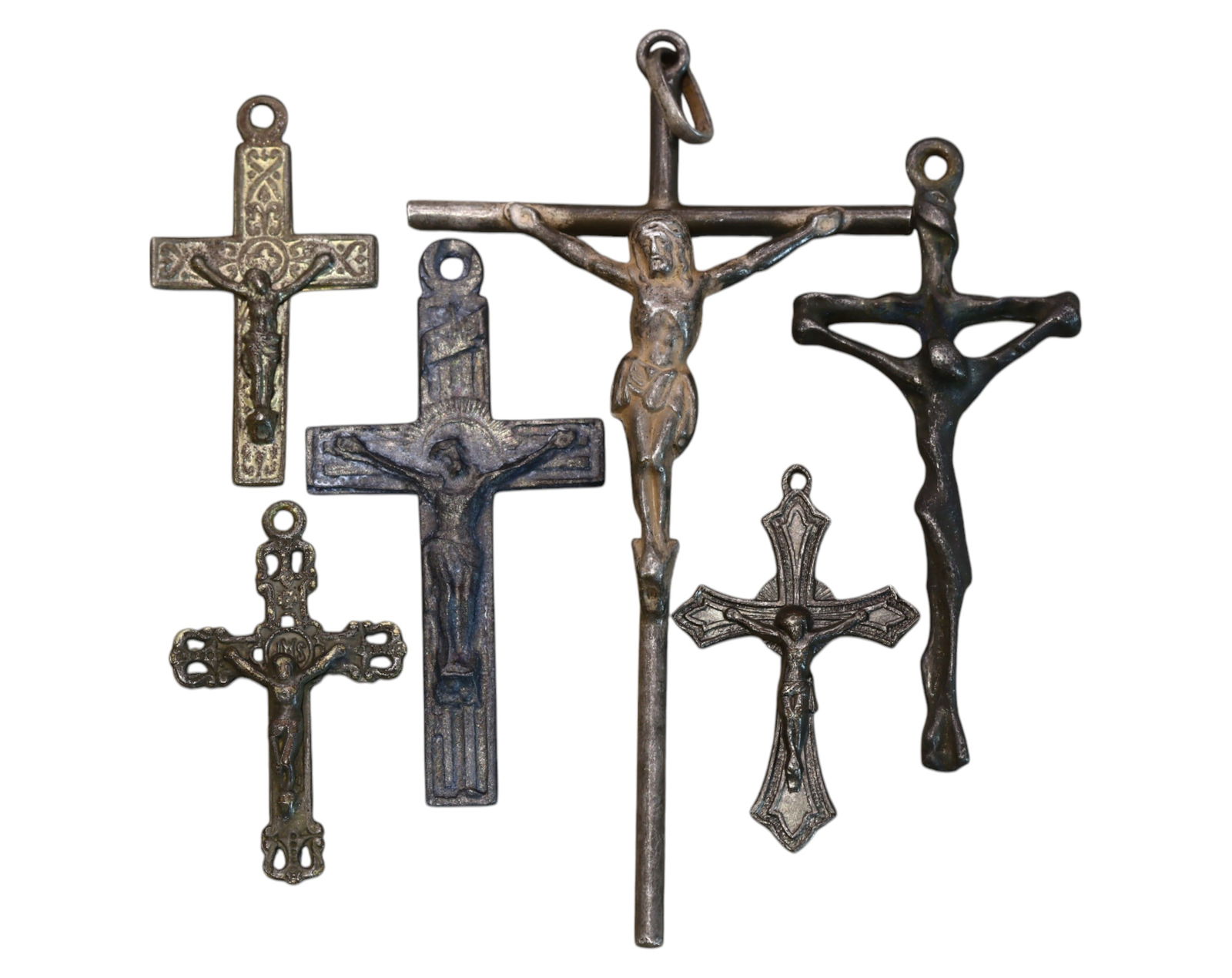 EUROPE: Set of Six Crucifix Pendants - Bronze & Metal, 19th-20th Century (1 of 3)