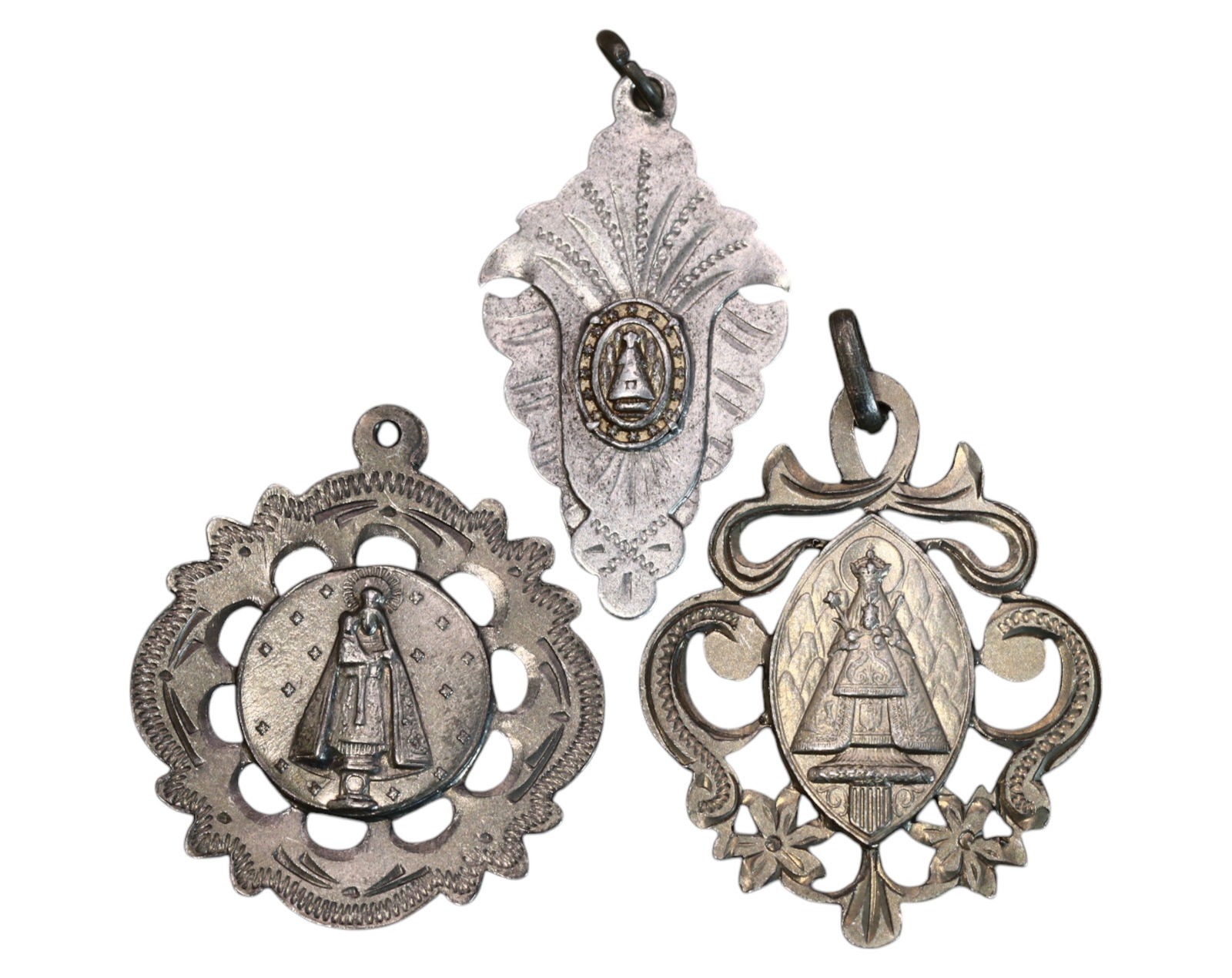 SPAIN: Set of Three Ornate Religious Medals - Virgin Mary Shrines, 19th-20th Century (1 of 3)