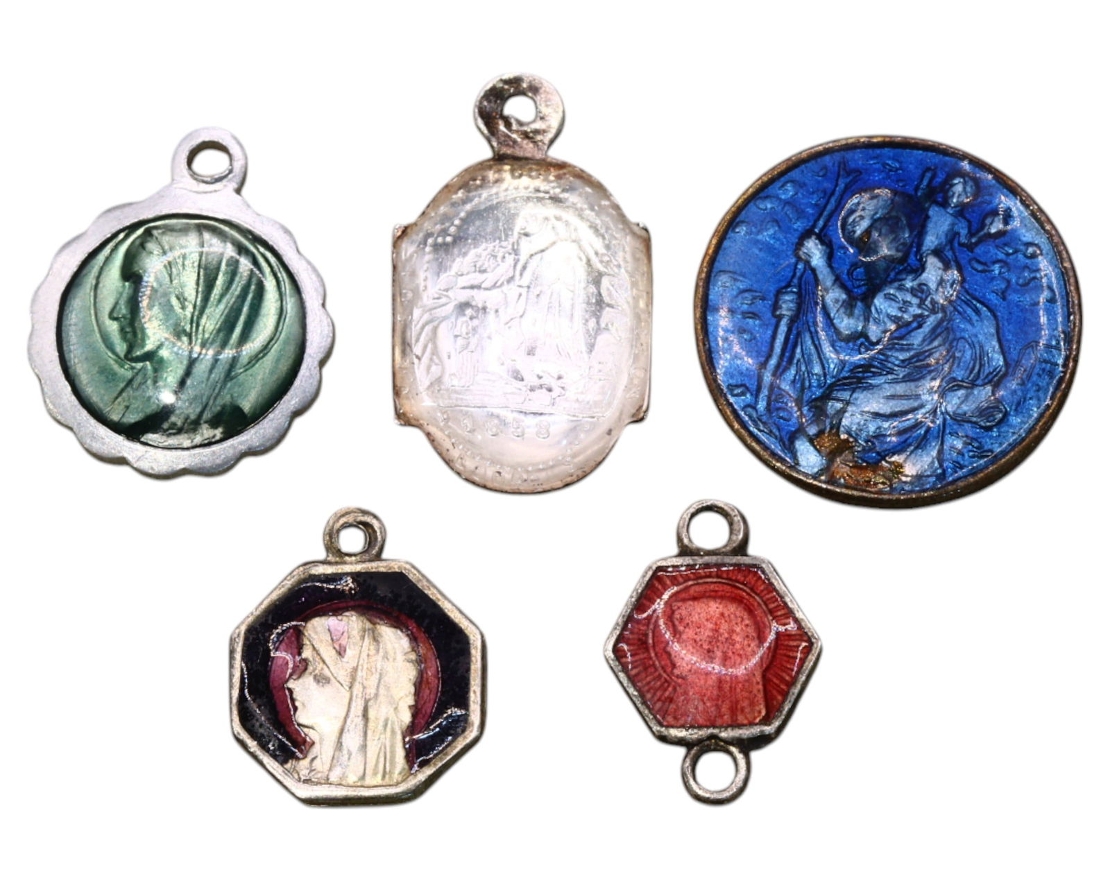 FRANCE & ITALY: Enameled and Devotional Medals - Lourdes & Saint Christopher, 20th Century, Set of 5 (1 of 3)
