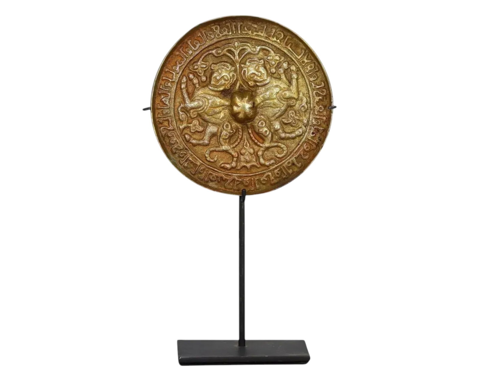 SELJUQ: Bronze Mirror with Addorsed Sphinxes & Scorpion Tails - 12th-13th Century CE: A finely cast bronze mirror from the Seljuq period, dating to the 12th-13th century CE, measuring 10cm in diameter and weighing 316g. This rare example features a pair of addorsed sphinxes with scorpi