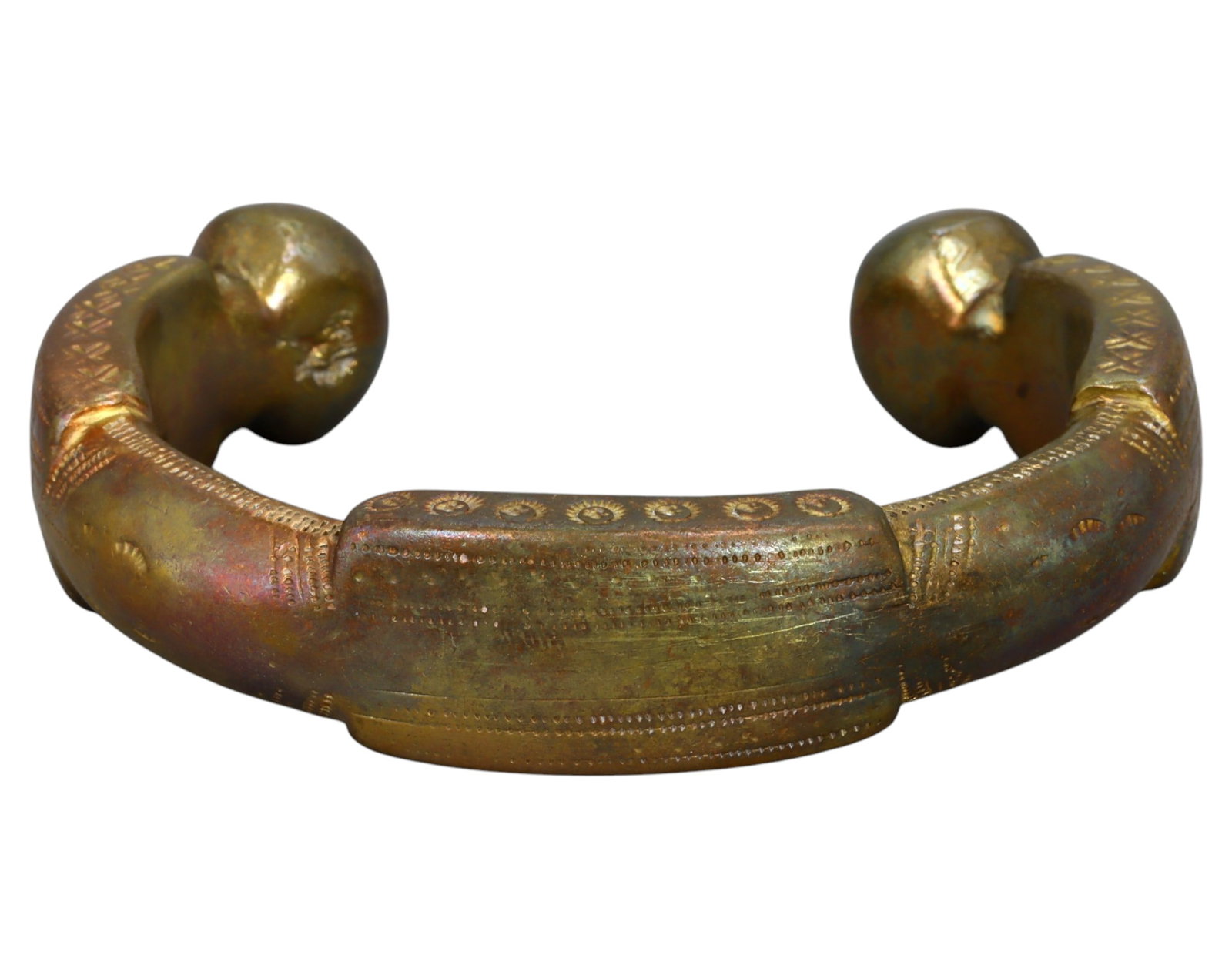 NIGERIA: King Manilla - Ornate Bronze Prestige Currency, 19th-20th Century: A finely crafted King Manilla, cast in bronze, measuring 8.5 x 2 cm and weighing 235g. This piece features a crescent shape with bold, rounded terminals, characteristic of high-value West African cere