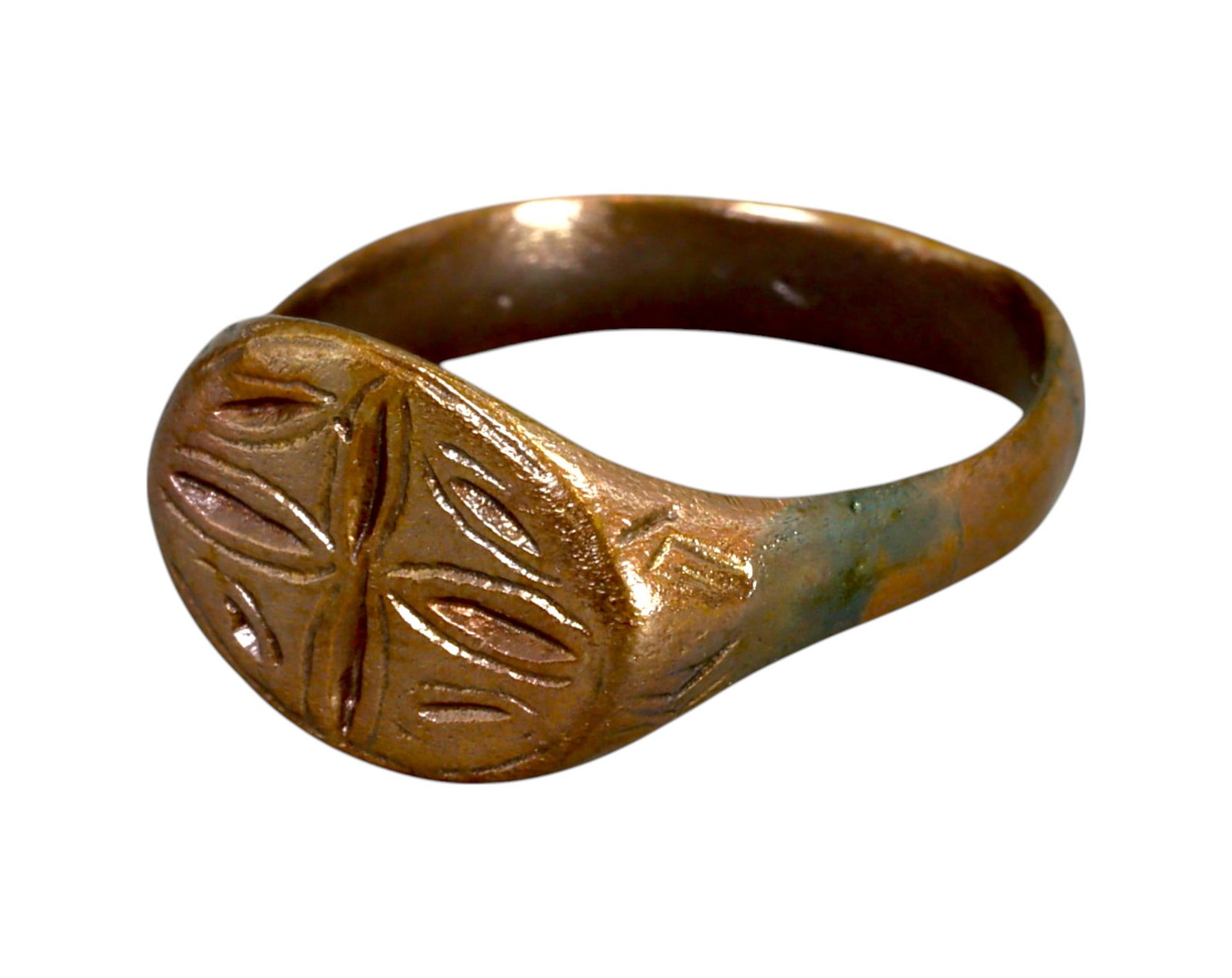 MEDIEVAL EUROPEAN: Bronze Engraved Signet Ring - Carolingian/Byzantine Influence, 9th-12th Century: An elegant medieval bronze signet ring, expertly refurbished for modern wearability while preserving its rich historical essence. This lightweight yet durable ring, sized at 8.25 US and weighing 3.7g,
