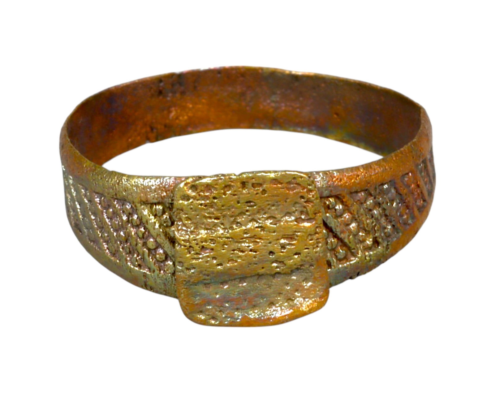 MEDIEVAL EUROPEAN: Bronze Textured Signet Ring - Byzantine/Nomadic Influence, 10th-13th Century: A distinctive medieval bronze signet ring, carefully refurbished while preserving its historical character. This lightweight yet durable piece, sized at 11.75 US and weighing 2g, features a broad band