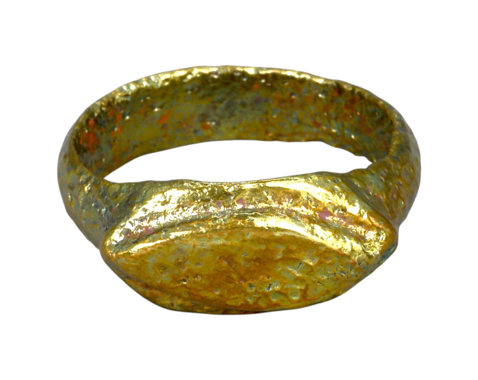 MEDIEVAL EUROPEAN: Bronze Signet Ring - Viking/Germanic Influence, 9th-12th Century: A robust and timeworn medieval bronze signet ring, expertly refurbished to maintain its historical integrity while ensuring wearability. This solid piece exhibits a thick, rounded band with a slightly