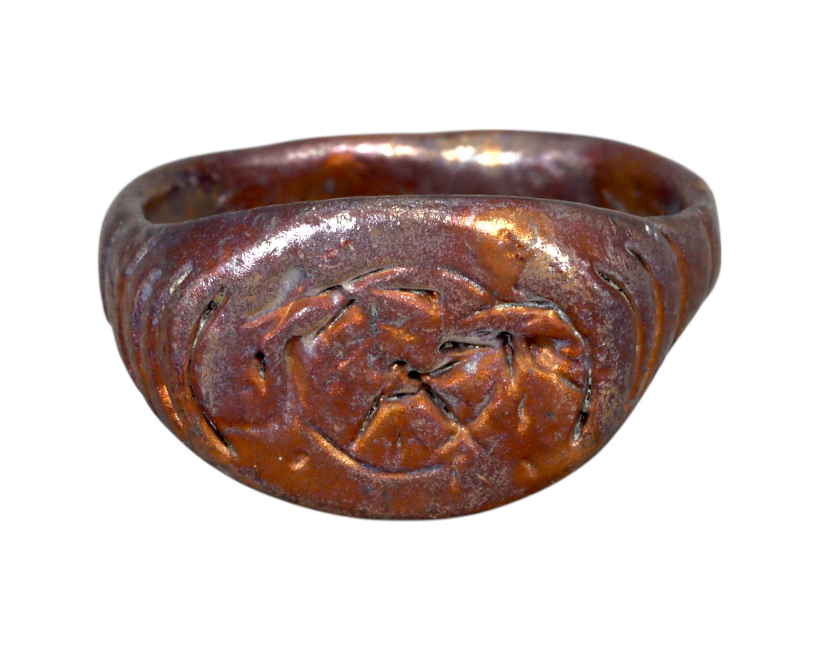 MEDIEVAL EUROPEAN: Bronze Engraved Signet Ring - Gothic/Crusader Influence, 12th-14th Century: A bold medieval bronze signet ring, meticulously refurbished while preserving its rich historical character. This solid piece, sized at 7.75 US and weighing 8.2g, features a deeply engraved circular b