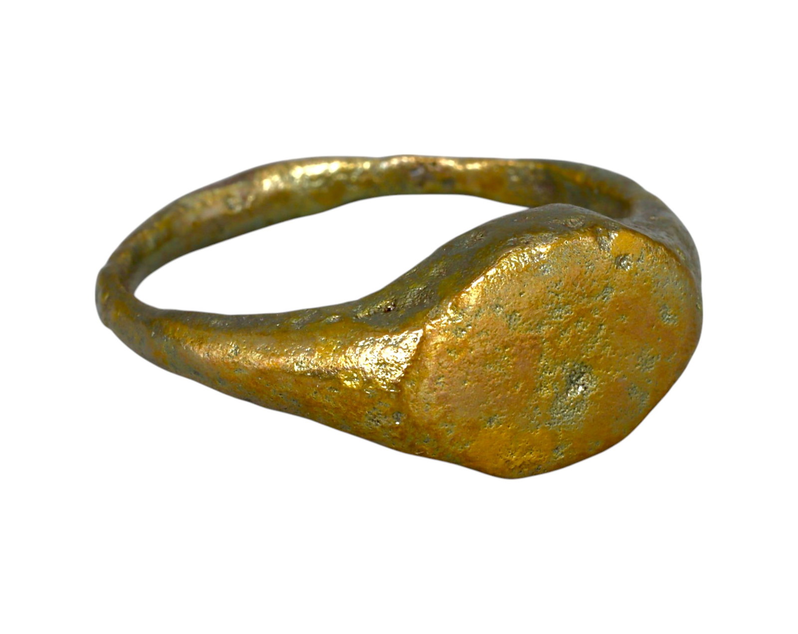 MEDIEVAL EUROPEAN: Bronze Signet Ring - Viking/Germanic Influence, 9th-12th Century: A well-preserved medieval bronze signet ring, carefully refurbished for wearability while retaining its ancient character. Weighing 9.3g and sized at 10.75 US, this ring features a broad, slightly irr