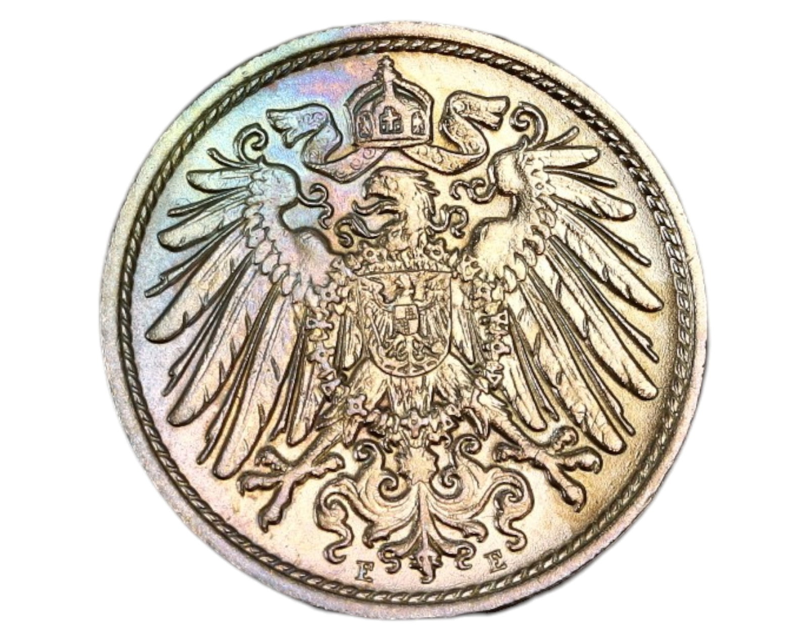 GERMANY: Deutsches Reich 10 Pfennig Coin - Prussian Eagle, 1915 E: A 10 Pfennig coin from the German Empire (Deutsches Reich), struck in 1915 at the Muldenhutten Mint ("E" mintmark). Composed of iron, this wartime issue weighs 3.9g and measures 20mm in diameter. The 