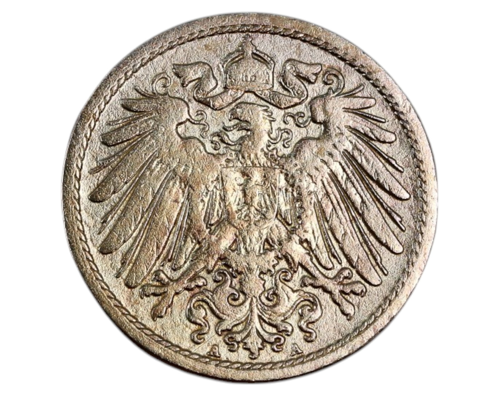 GERMANY: Deutsches Reich 10 Pfennig Coin - Prussian Eagle, 1899 A: A 10 Pfennig coin from the German Empire (Deutsches Reich), struck in 1899 at the Berlin Mint ("A" mintmark). Composed of copper-nickel, it weighs 3.8g and measures 21mm in diameter. The obverse displ
