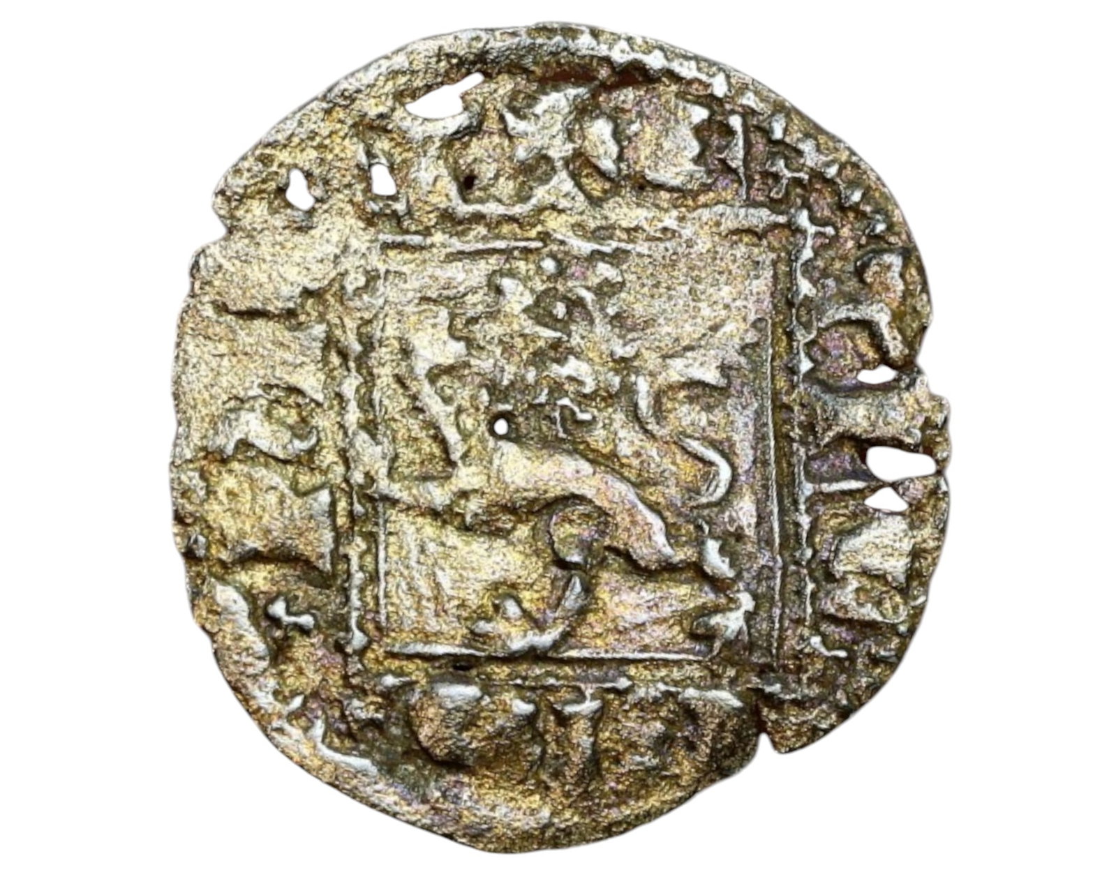 SPAIN: Castile & Leon - Alfonso XI (1312-1350) Billon Noven, Burgos Mint: A rare billon Noven struck under King Alfonso XI of Castile & Leon (1312-1350), minted in Burgos. The obverse displays a crowned lion rampant within a gothic quadrilobe, representing the Kingdom of Le