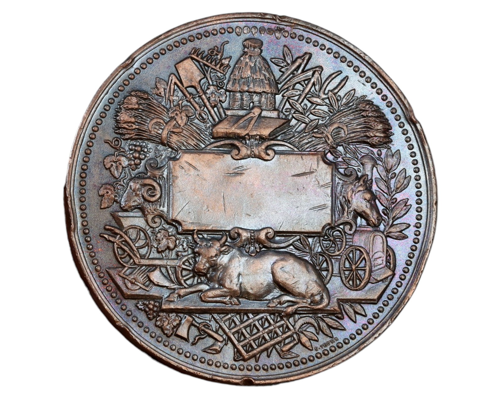 FRANCE: Societe des Agriculteurs de France - Bronze Agricultural Prize Medal, c.1900: A large and finely detailed bronze agricultural prize medal awarded by the Societe des Agriculteurs de France, measuring 55mm and weighing 79g. The obverse showcases an elaborate rural composition, in