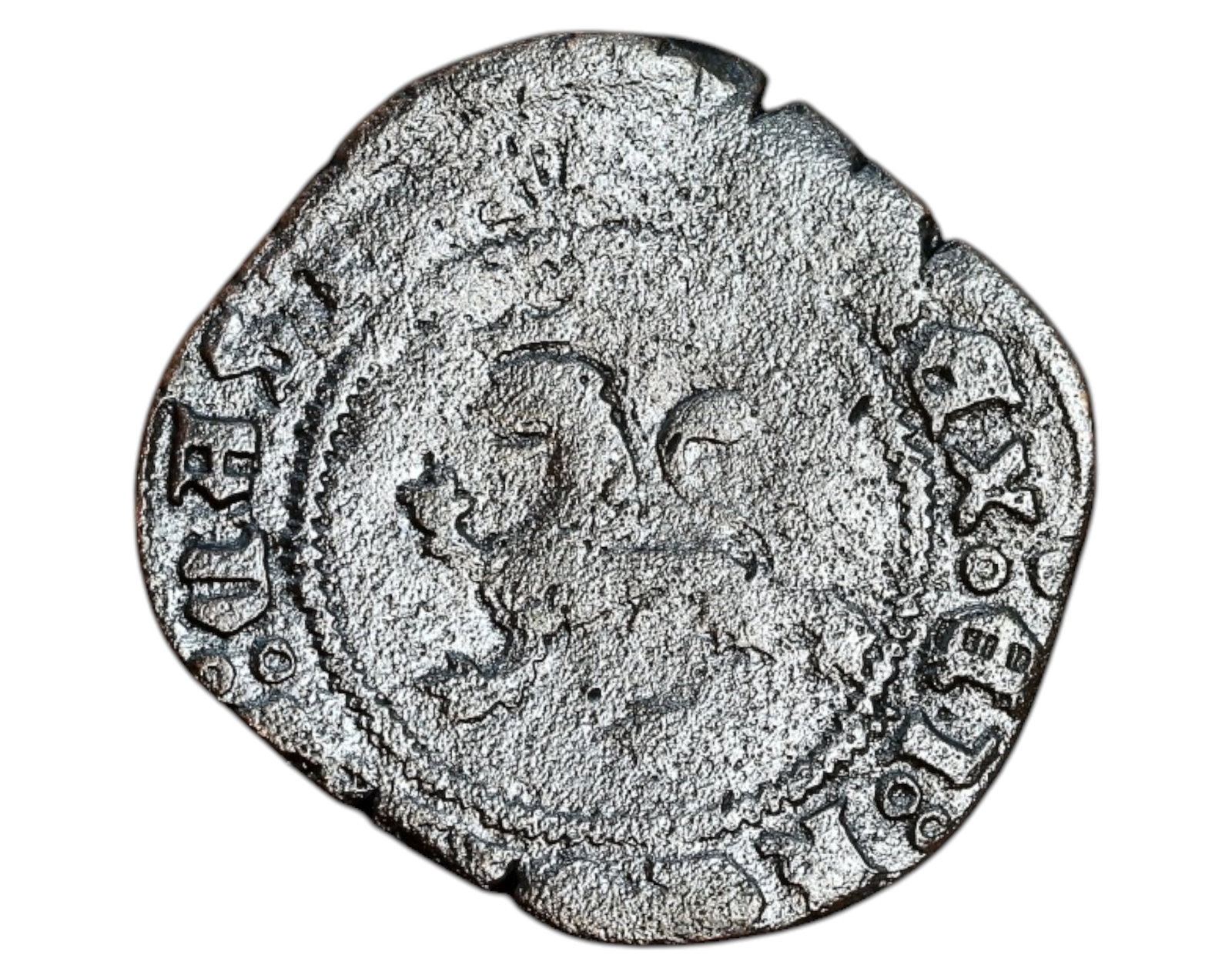 SPAIN: Catholic Kings, Ferdinand & Isabella - 2 Maravedis, Burgos Mint (1474-1504): This 2 Maravedis coin from the reign of Ferdinand and Isabella (1474-1504), struck in Burgos, measures 25x22mm and weighs 4.8g. The obverse showcases the heraldic castle of Castile, flanked by crescen