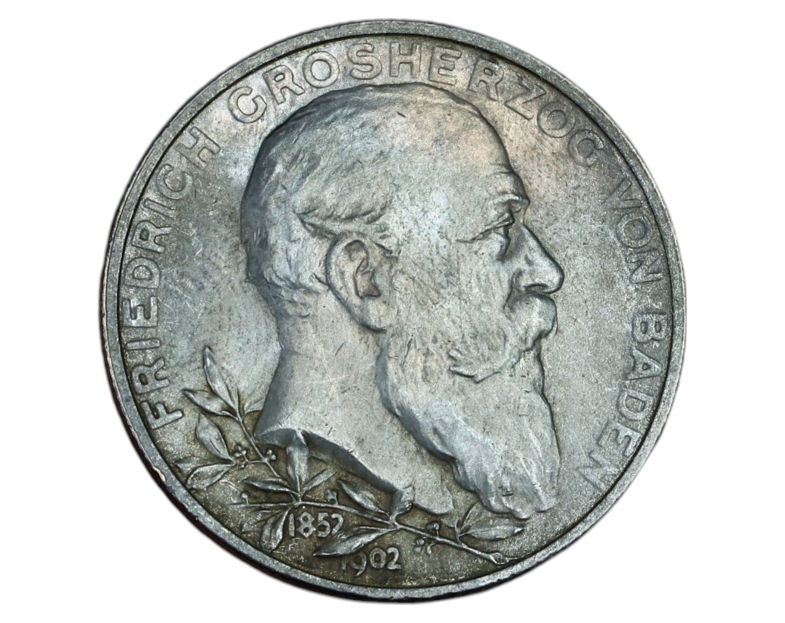 GERMANY, BADEN: Frederick I - Silver 2 Mark, 50 Years of Reign, 1902 (Karlsruhe Mint) (1 of 3)