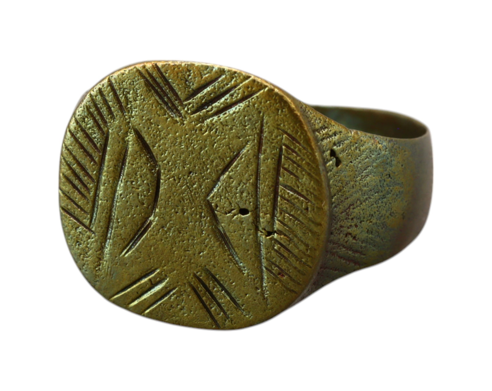 MEDIEVAL EUROPEAN: Bronze Engraved Signet Ring - Viking/Nomadic Influence, 10th-13th Century: A well-crafted medieval bronze signet ring, meticulously refurbished while retaining its historical authenticity. This solid piece, sized at 9 US and weighing 5.3g, features an oval bezel engraved wit