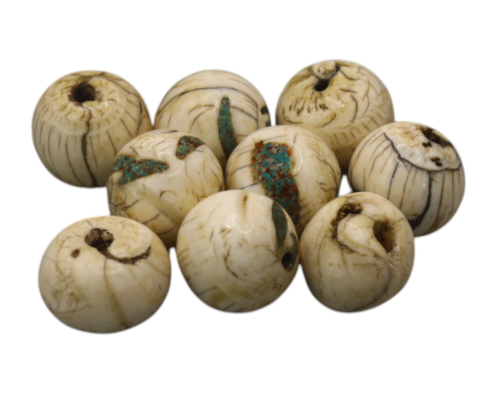 TIBET: Conch Shell Prayer Beads with Turquoise Inlay - 9 Beads, 17mm, 59g (1 of 1)