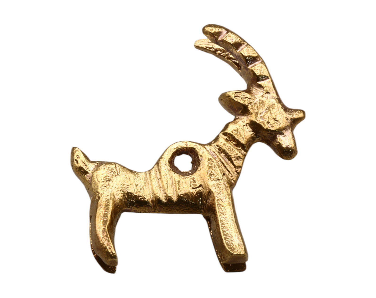VINTAGE: Bronze Gazelle Pendant - 4.5x4cm, 21g: A finely cast bronze pendant in the shape of a stylized gazelle, featuring elegant curved horns and incised decorative details. The central perforation suggests it was designed as a locket or amulet, 