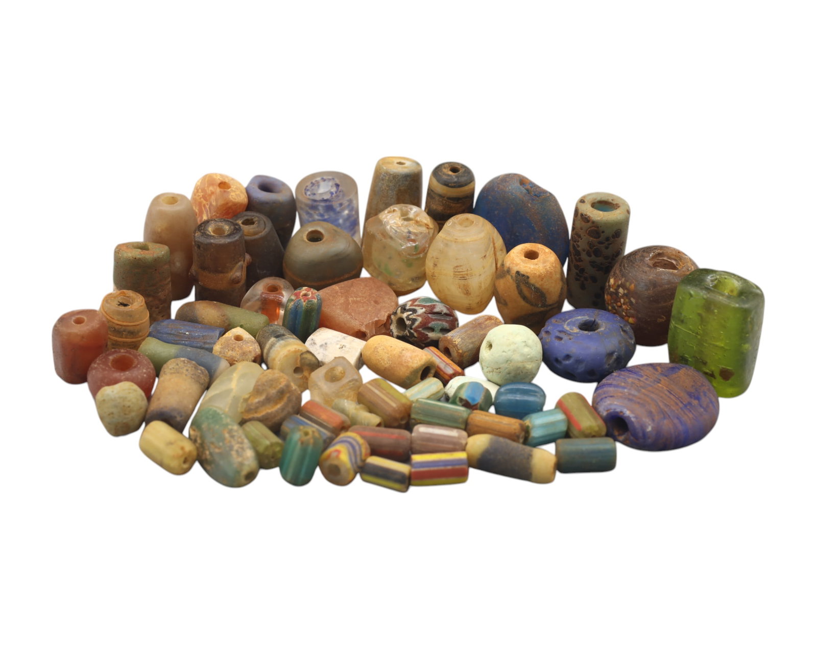 Collection of Vintage Art Glass Beads - Antique & Handmade, 1-2.3cm, 144g: A captivating assortment of vintage and antique art glass beads, showcasing masterful craftsmanship and unique design elements. These handcrafted beads exhibit intricate detailing, applied textures, a