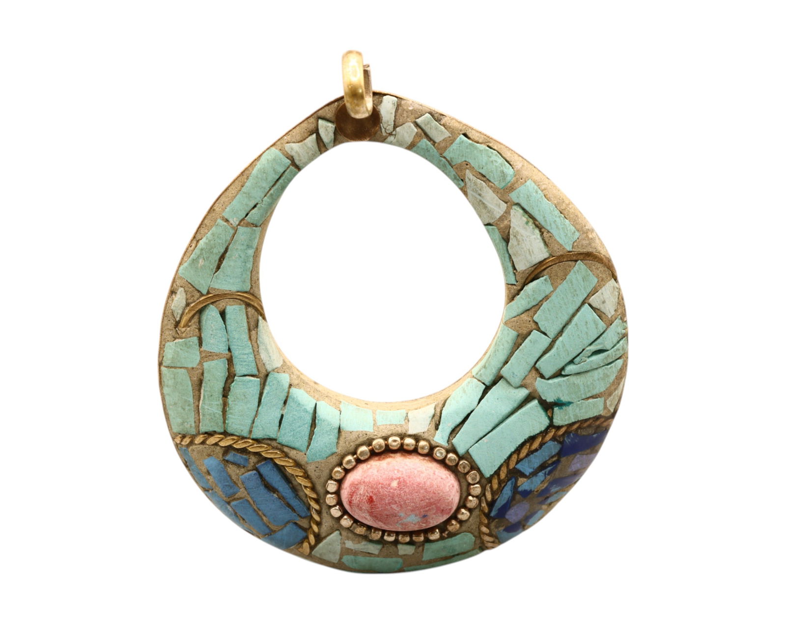 VINTAGE: Silver Crescent Pendant - Turquoise & Coral Inlay, 20th Century, 6x5.5cm, 25g (1 of 2)