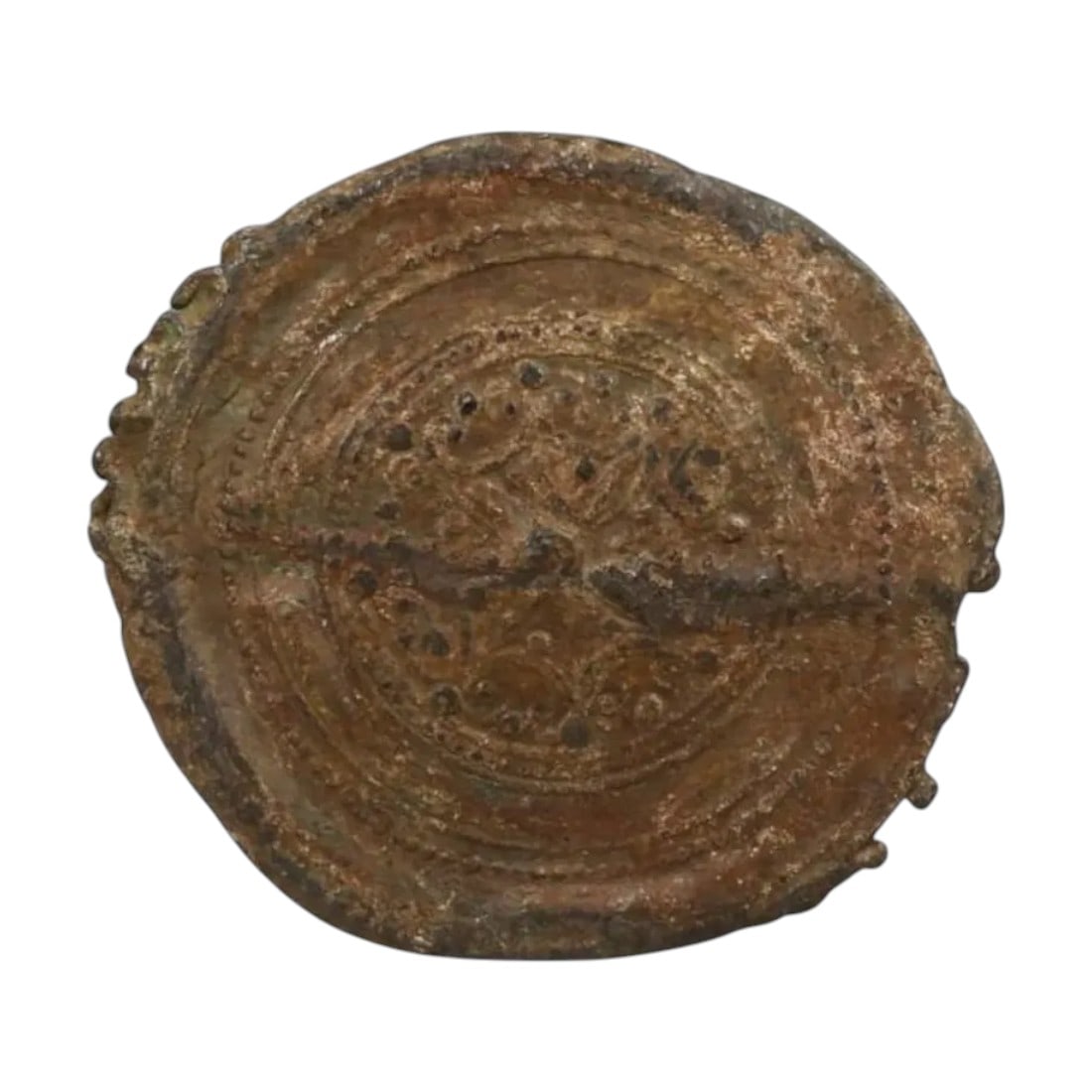 CRUSADER ERA: Lead Pilgrim Badge, 12th-14th Century AD (13g, 4cm): This circular lead pilgrim badge, weighing 13g and measuring 4 cm in diameter, is intricately decorated with a central motif surrounded by concentric designs. Pilgrim badges were worn by medieval trav