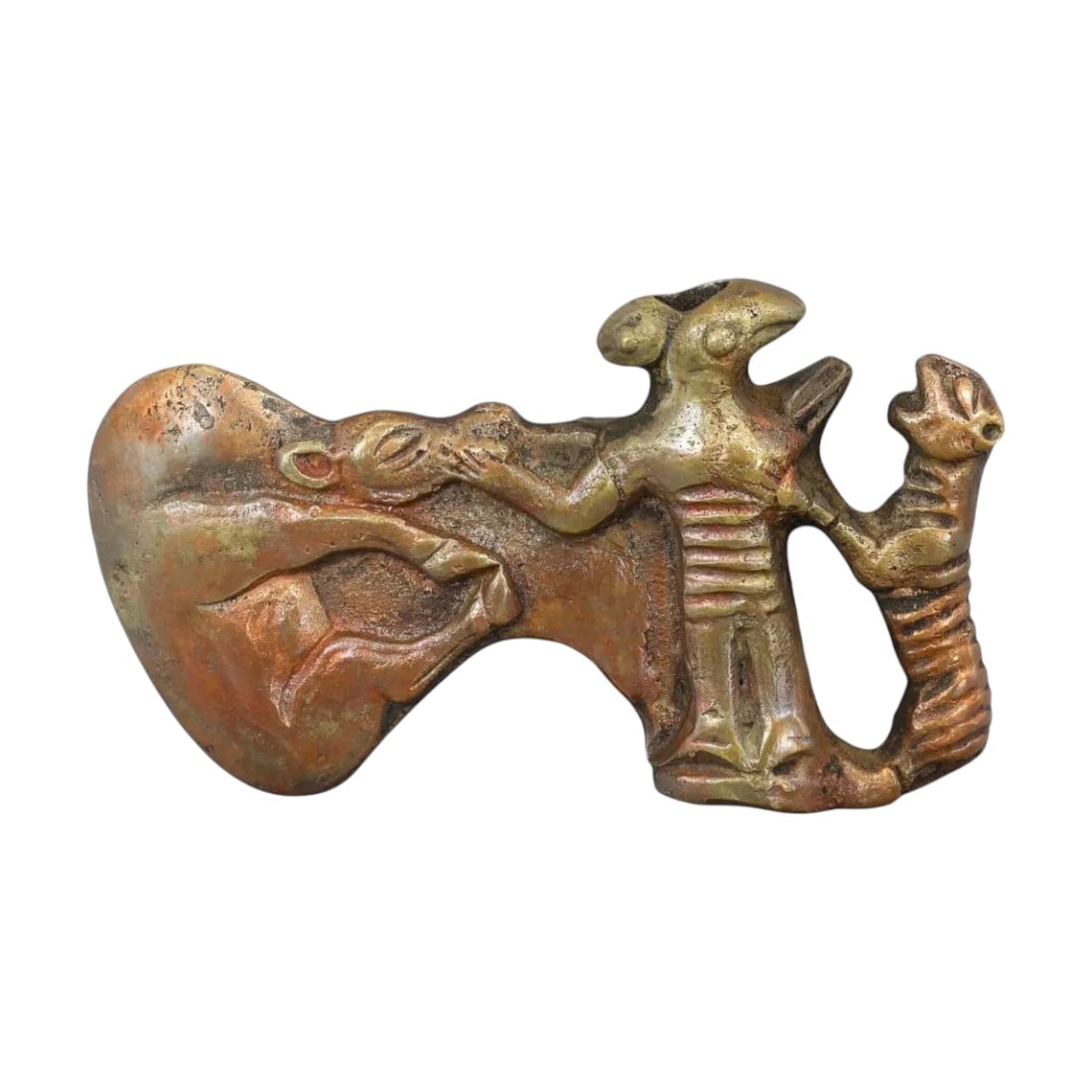 LATE BRONZE AGE: Ceremonial Anthropomorphic and Zoomorphic Axe, 1200-800 BCE: A breathtaking Late Bronze Age ceremonial axe, masterfully designed with intricate anthropomorphic and zoomorphic motifs. Weighing 738g and measuring 14x9cm, this artifact showcases a humanoid figure 