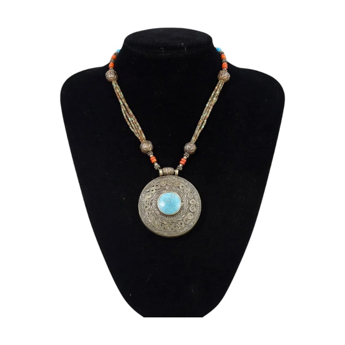 TIBETAN: Silver Circular Filigree Turquoise-Inlaid Amulet Necklace, 19th-20th Century CE (76g, 38cm) (1 of 1)