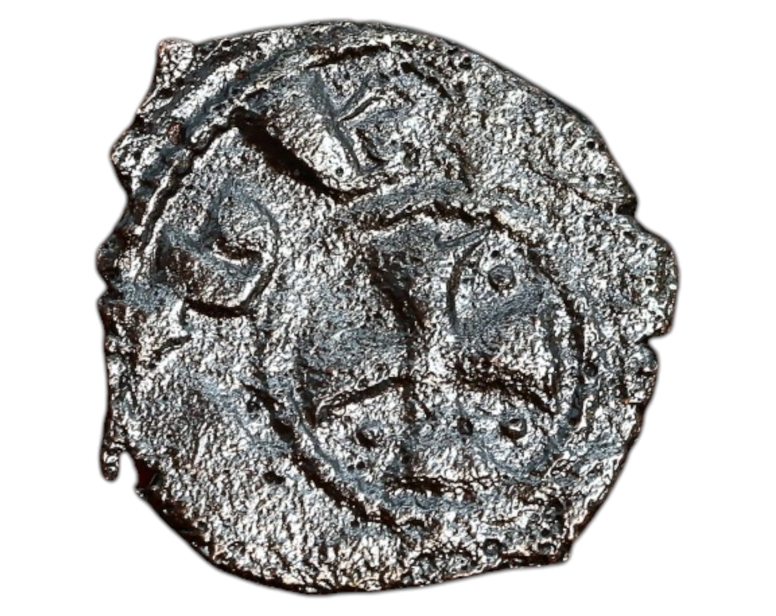 ARMENIA: Levon III - AE Kardez, 1301-1307: A bronze Kardez struck under Levon III of Cilician Armenia (1301-1307), measuring 18x22mm and weighing 2.2g. The obverse features a cross potent, a strong Christian symbol, surrounded by an Armenian i