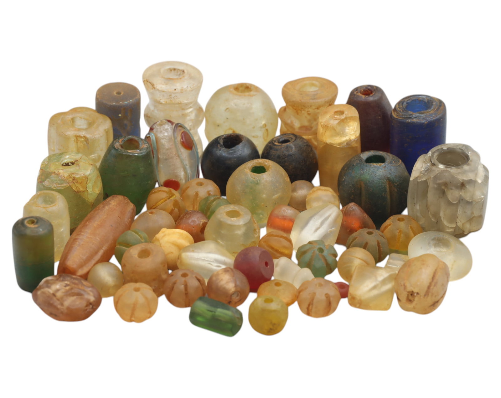 Collection of Vintage Art Glass Beads - Antique & Handmade, 207g: A captivating assortment of vintage and antique art glass beads, showcasing masterful craftsmanship and unique design elements, size ranging up to 1.5 inches. These handcrafted beads exhibit intricate
