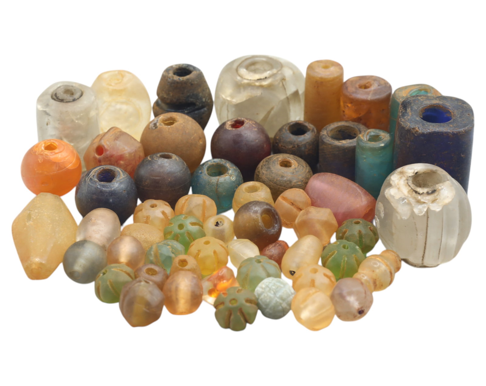 Collection of Vintage Art Glass Beads - Antique & Handmade, 210g: A captivating assortment of vintage and antique art glass beads, showcasing masterful craftsmanship and unique design elements, size ranging up to 1.5 inches. These handcrafted beads exhibit intricate