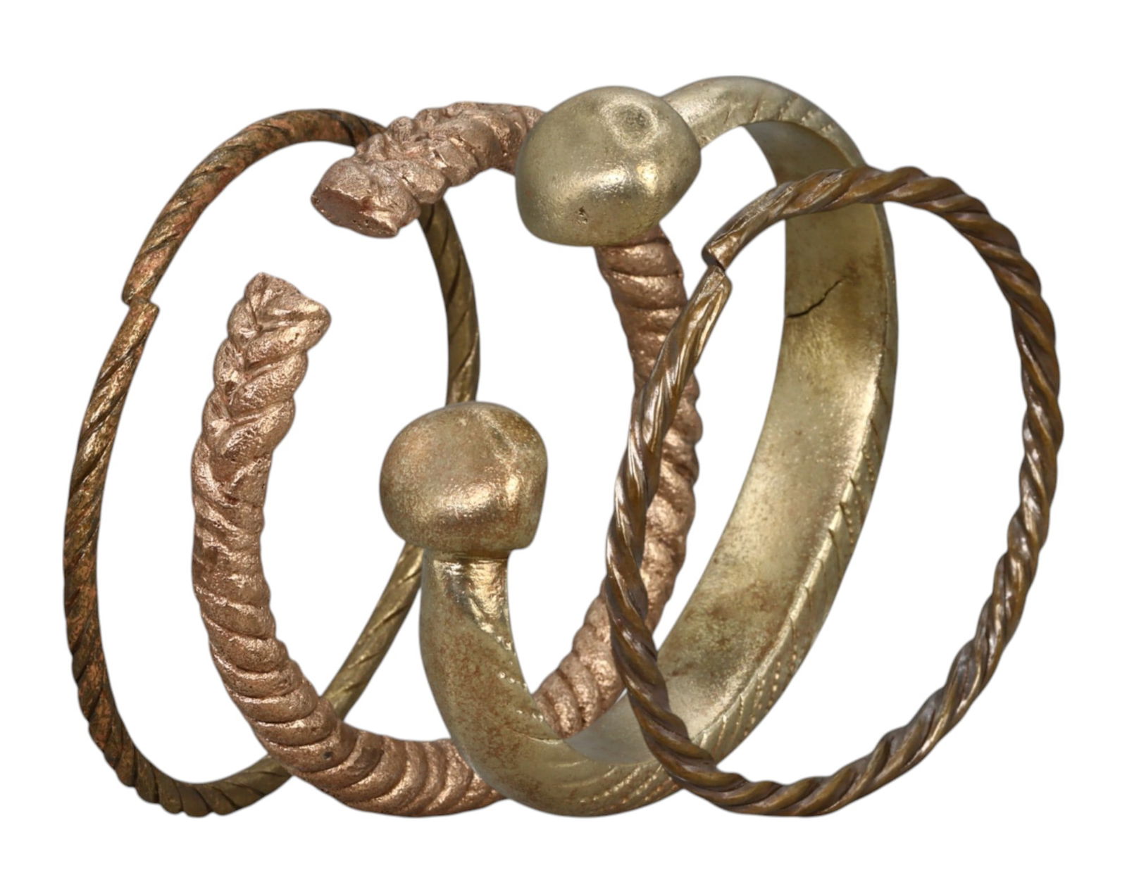 NIGERIA: Set of 4 Traditional Bronze & Copper Twisted & Cast Currency Bracelets, 19th-20th Century (1 of 2)