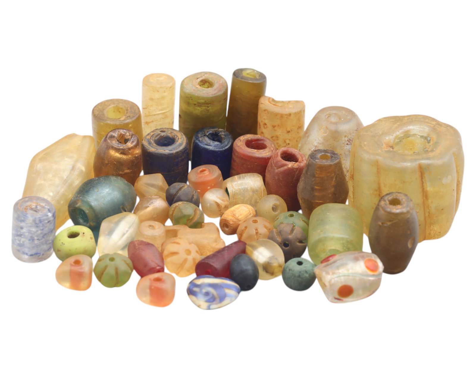 Collection of Vintage Art Glass Beads - Antique & Handmade, 206g: A captivating assortment of vintage and antique art glass beads, showcasing masterful craftsmanship and unique design elements, size ranging up to 1.5 inches. These handcrafted beads exhibit intricate