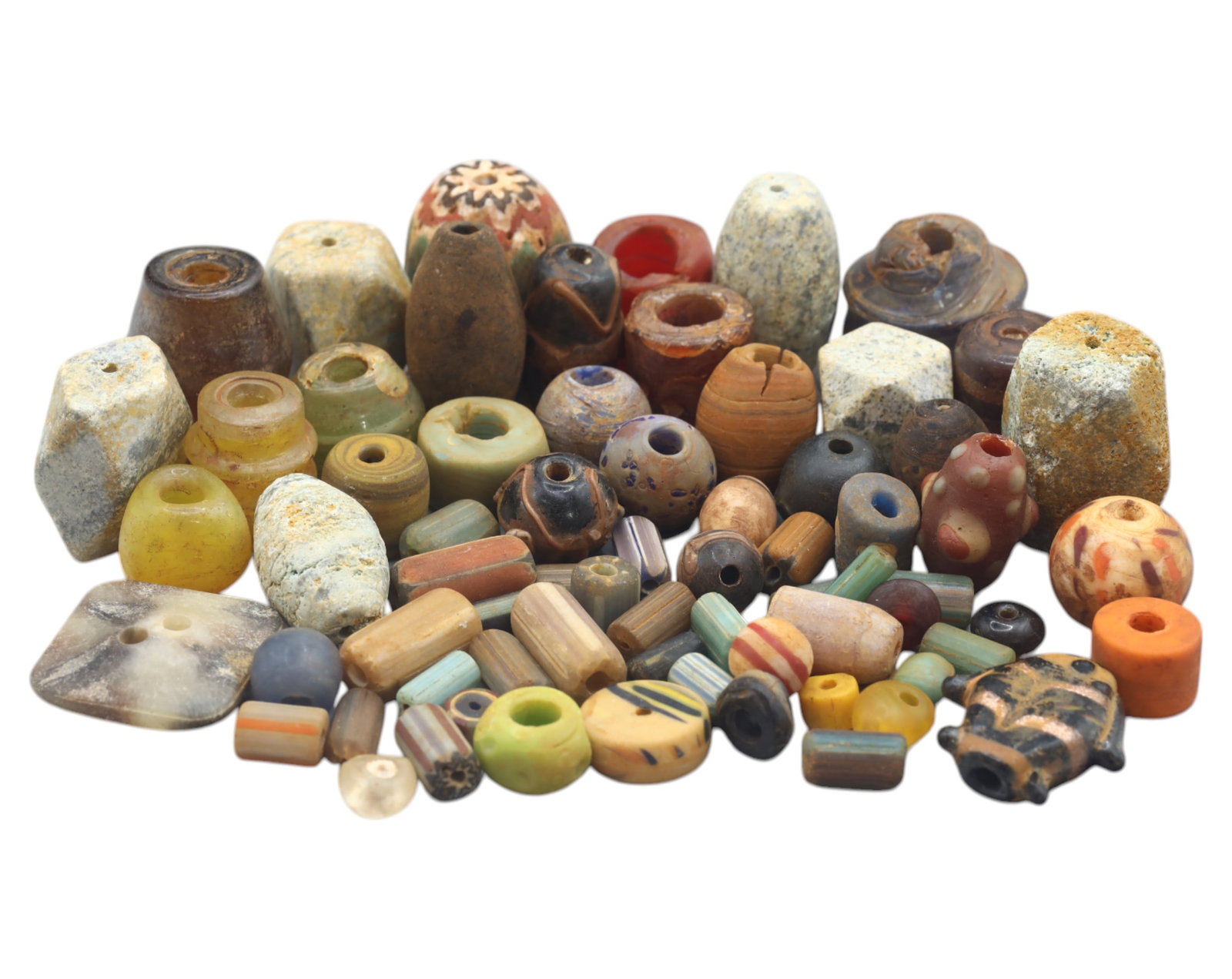 Collection of Vintage Art Glass Beads - Antique & Handmade, 215g: A captivating assortment of vintage and antique art glass beads, showcasing masterful craftsmanship and unique design elements, size ranging up to 1.5 inches. These handcrafted beads exhibit intricate