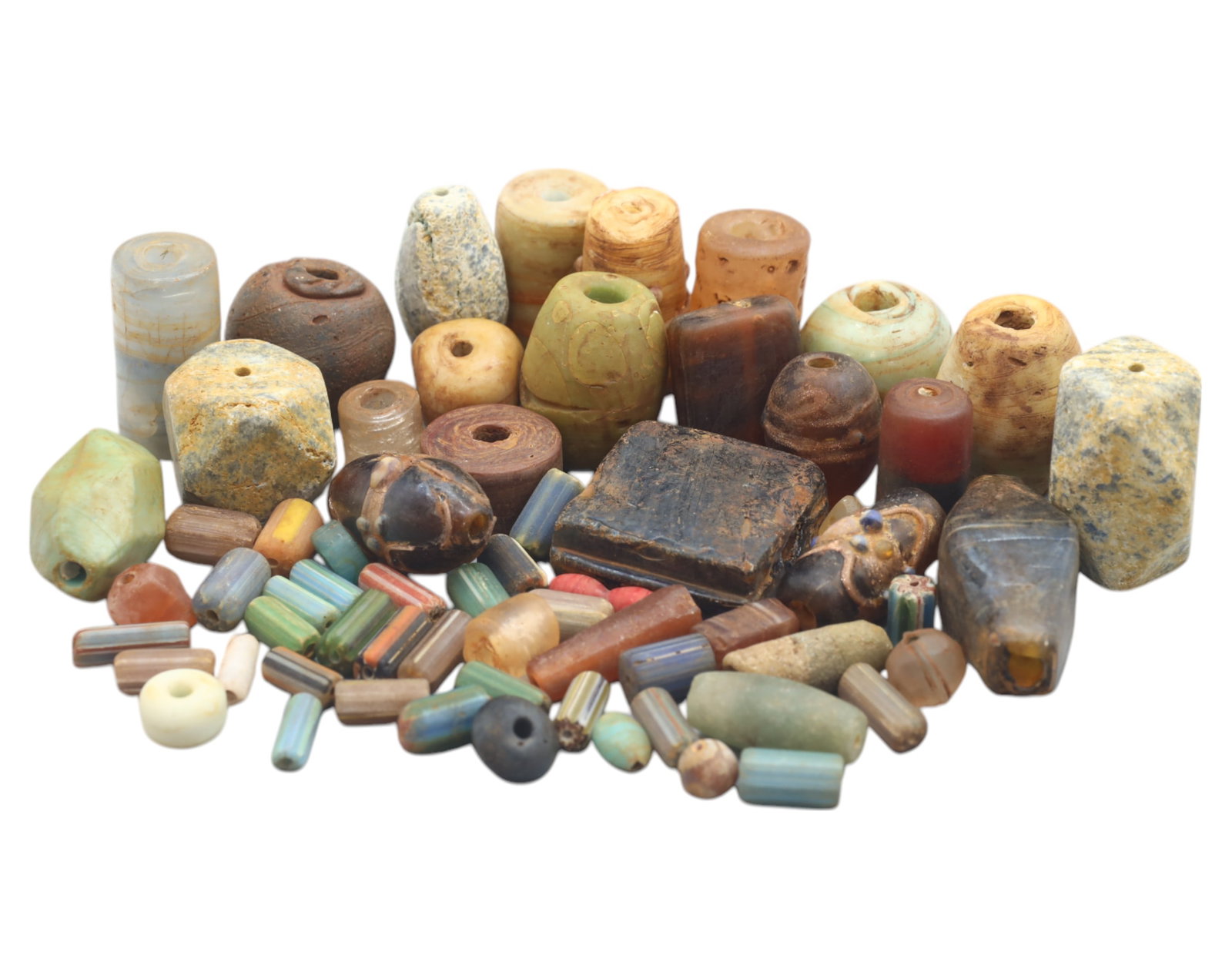 Collection of Vintage Art Glass Beads - Antique & Handmade, 208g: A captivating assortment of vintage and antique art glass beads, showcasing masterful craftsmanship and unique design elements, size ranging up to 1.5 inches. These handcrafted beads exhibit intricate