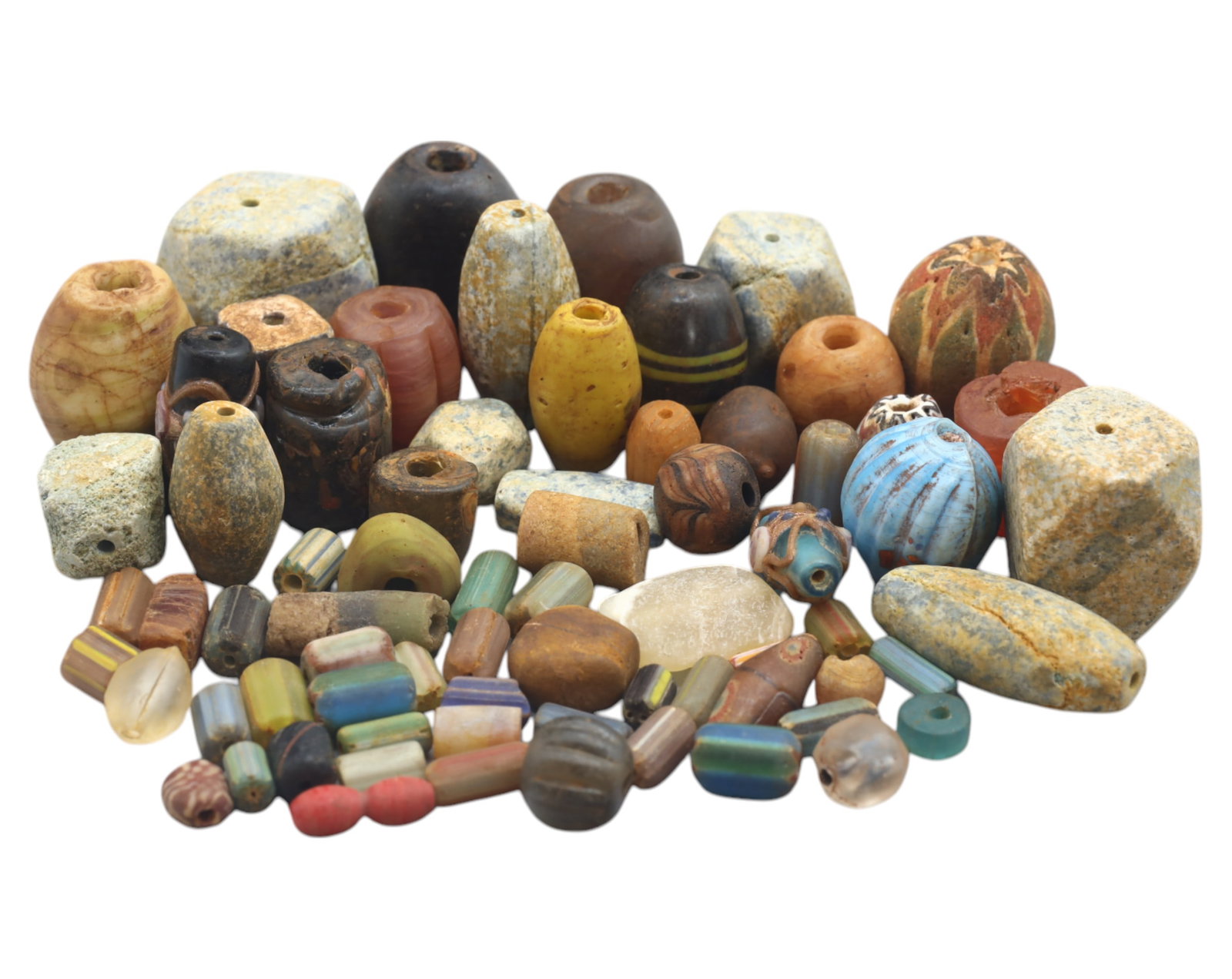 Collection of Vintage Art Glass Beads - Antique & Handmade, 217g: A captivating assortment of vintage and antique art glass beads, showcasing masterful craftsmanship and unique design elements, size ranging up to 1.5 inches. These handcrafted beads exhibit intricate