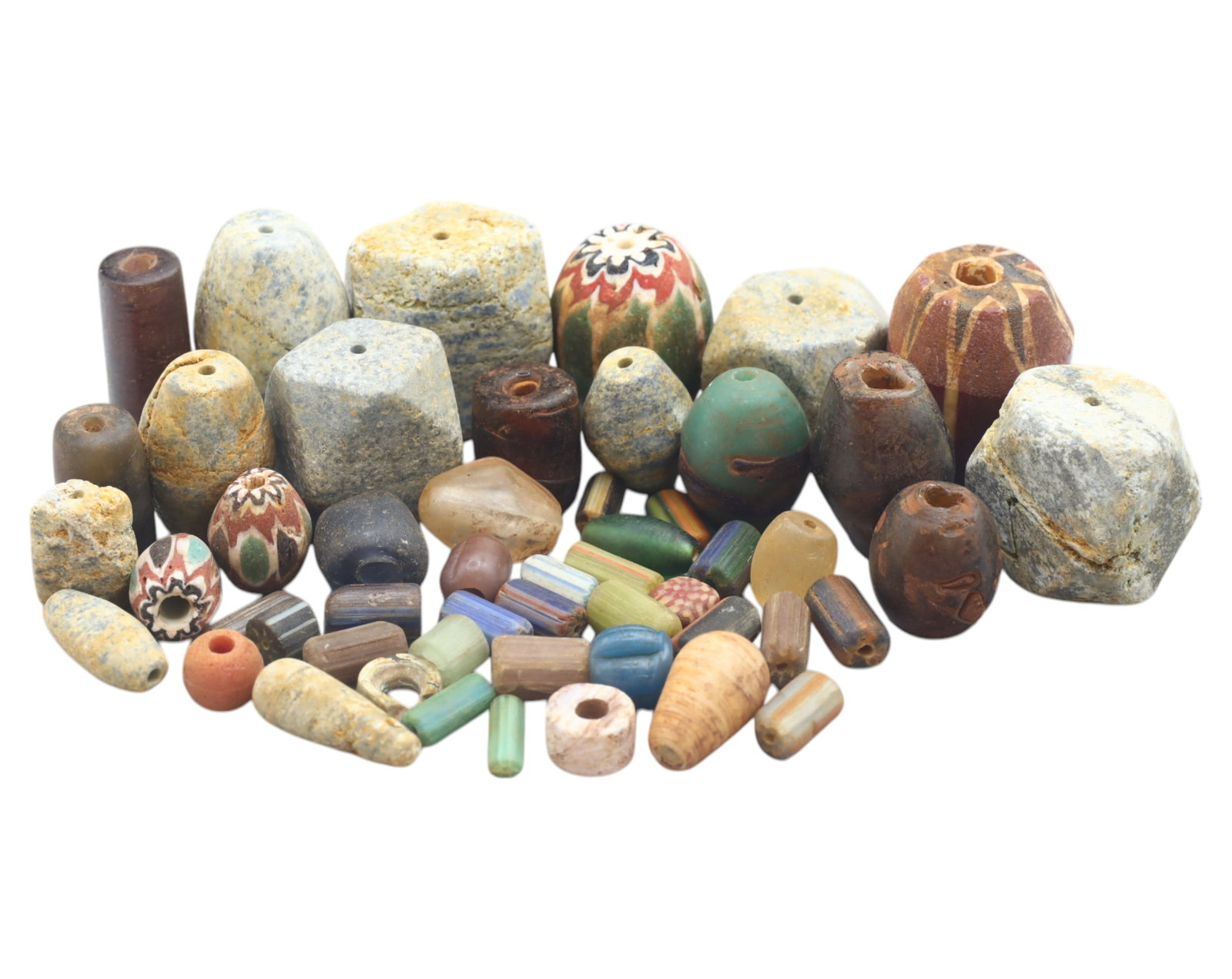 Collection of Vintage Art Glass Beads - Antique & Handmade, 207g: A captivating assortment of vintage and antique art glass beads, showcasing masterful craftsmanship and unique design elements, size ranging up to 1.5 inches. These handcrafted beads exhibit intricate