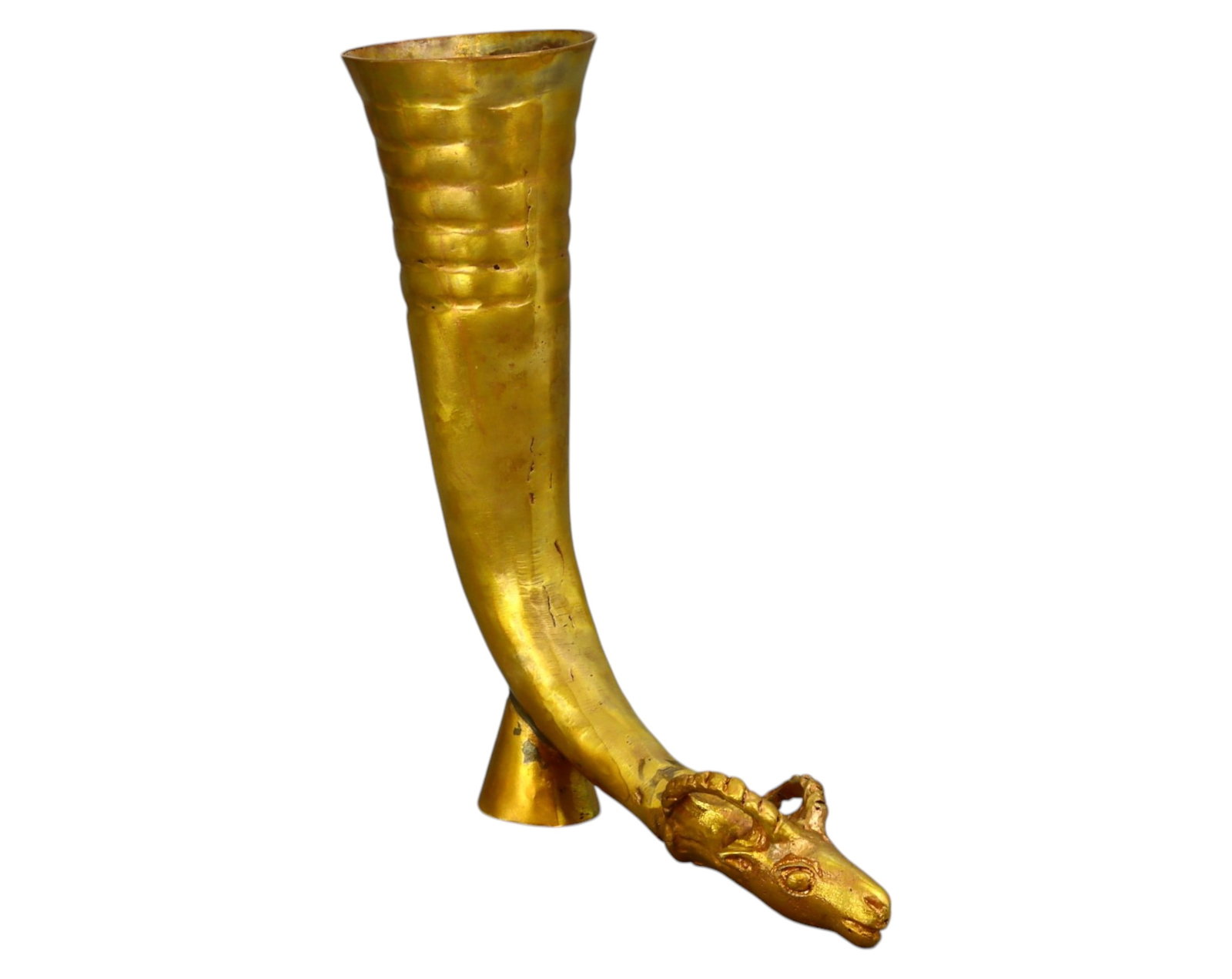 ANCIENT PERSIAN GOLD-GILDED RHYTON - Ibex Motif, 16x14cm, 203g (Restored Composite): An authentic ancient Persian rhyton, carefully restored using elements from various archaeological finds to recreate this elegant ceremonial vessel. Measuring 16x14 cm and weighing 203g, this stunning