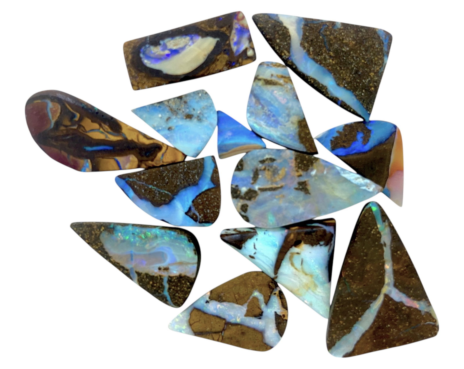 AUSTRALIAN MATRIX BOULDER OPAL - Preform Lot, 13 Pieces, 18.2g, 9-20mm (Images Taken Wet): A dazzling lot of preform Australian matrix boulder opals, with individual sizes. These opals have been rubbed and pre-shaped, highlighting their vibrant natural colors and intricate ironstone matrix 
