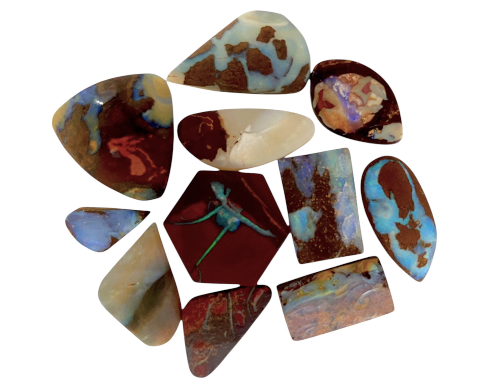AUSTRALIAN MATRIX BOULDER OPAL - Preform Lot, 11 Pieces, 19.4g, 11.8-20mm (Images Taken Wet): A dazzling lot of preform Australian matrix boulder opals, with individual sizes. These opals have been rubbed and pre-shaped, highlighting their vibrant natural colors and intricate ironstone matrix 
