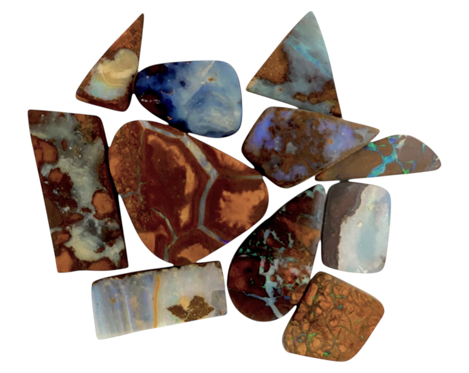 AUSTRALIAN MATRIX BOULDER OPAL - Preform Lot, 11 Pieces, 18.2g, 12-22mm (Images Taken Wet): A dazzling lot of preform Australian matrix boulder opals, with individual sizes. These opals have been rubbed and pre-shaped, highlighting their vibrant natural colors and intricate ironstone matrix 