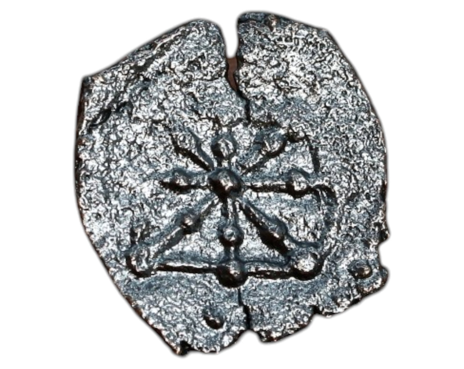NAVARRE: Medieval Kingdom - Billon Cornado Coin, 14x15mm, 0.7g: A small yet historically significant billon Cornado Coin from the Kingdom of Navarre, likely issued during the late medieval period. The obverse displays a stylized monogram, possibly incorporating th