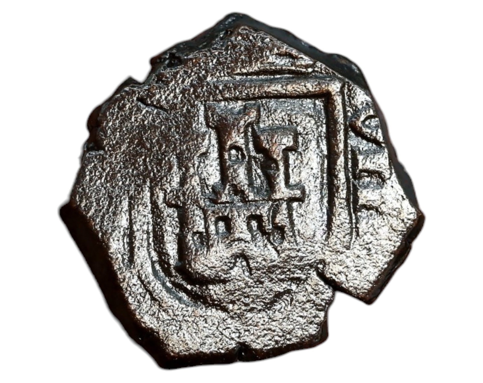 SPAIN: Carlos II - Copper 2 Maravedis Coin, Coruna Mint (Calico 876), Late 17th Century: A scarce and historically significant Spanish 2 Maravedis Coin coin struck under King Carlos II at the Coruna Mint. This hammered copper piece, measuring approximately 21mm in diameter and weighing 7.