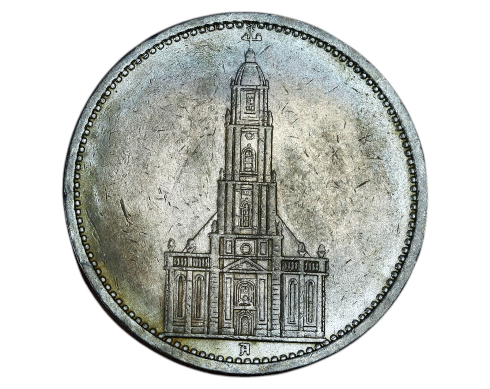 GERMANY: Third Reich - 5 Reichsmark, 1934 A "Garrison Church (Undated)" Silver Coin: Issued by the Berlin Mint in 1934, this 5 Reichsmark coin commemorates the historic Garrison Church (Garnisonkirche) in Potsdam, a site deeply associated with Prussian military tradition and the rise