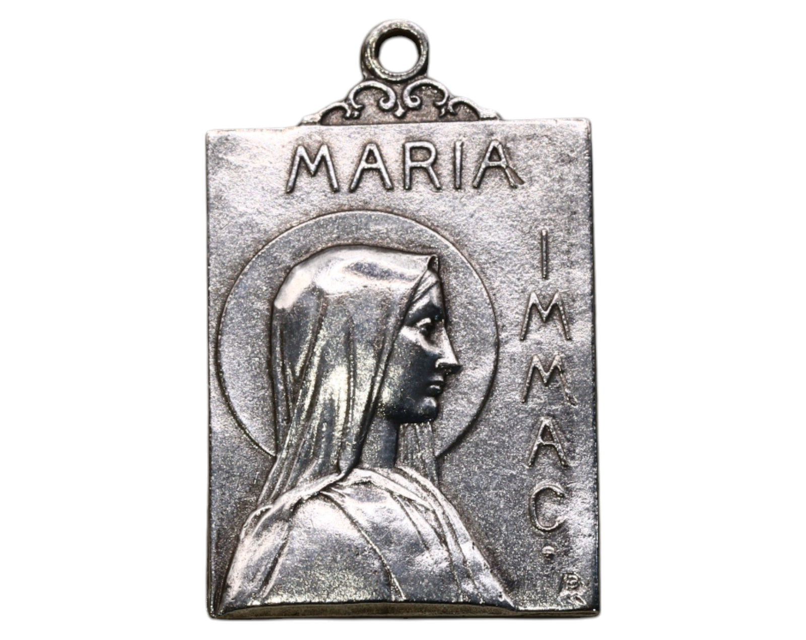 FRANCE: Silver Medal - Immaculate Mary & Our Lady of Lourdes Apparition: A striking rectangular silver medal honoring the Virgin Mary and the miraculous apparition at Lourdes. The obverse features a serene profile of the Immaculate Virgin, her veil gracefully draped, with 
