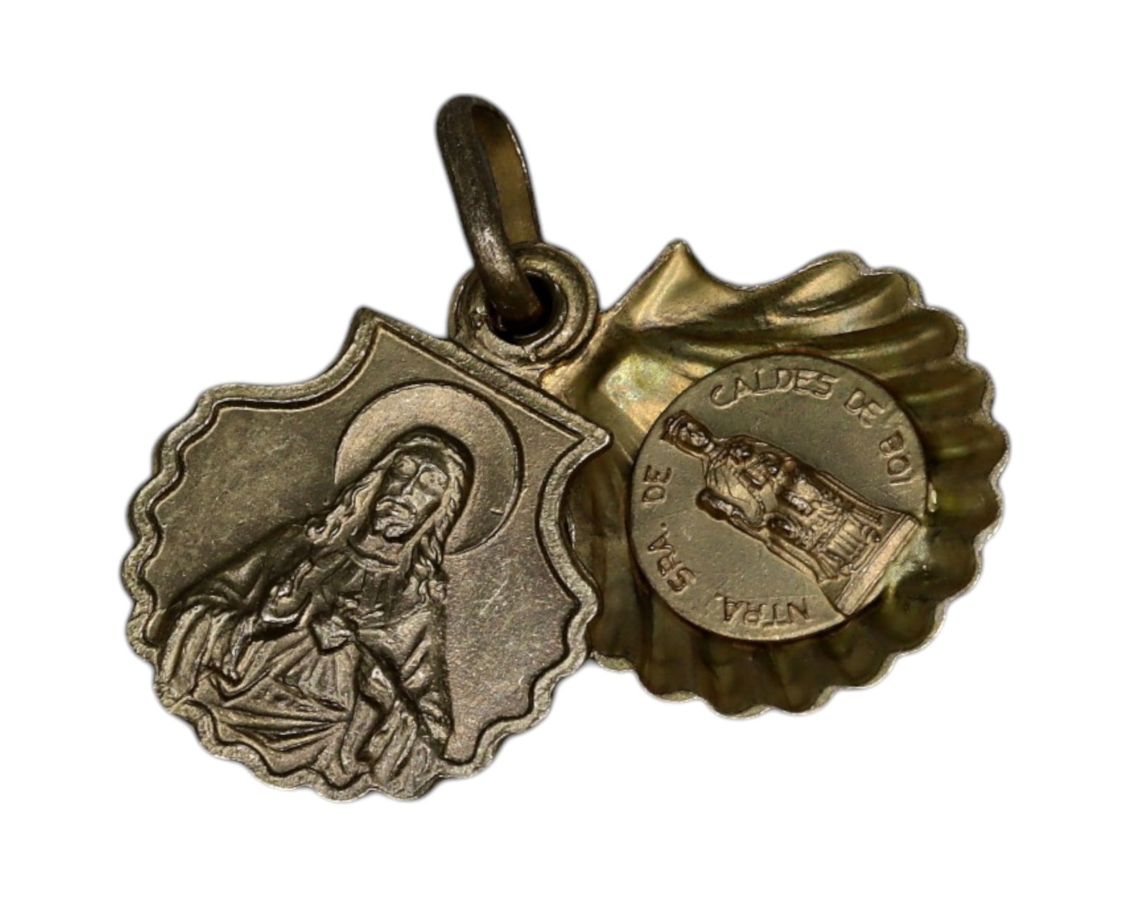 SPAIN: Double-Sided Devotional Pendant - Sacred Heart & Our Lady of Caldes de Boi, 2g, 2x1.5cm, 20th (1 of 3)