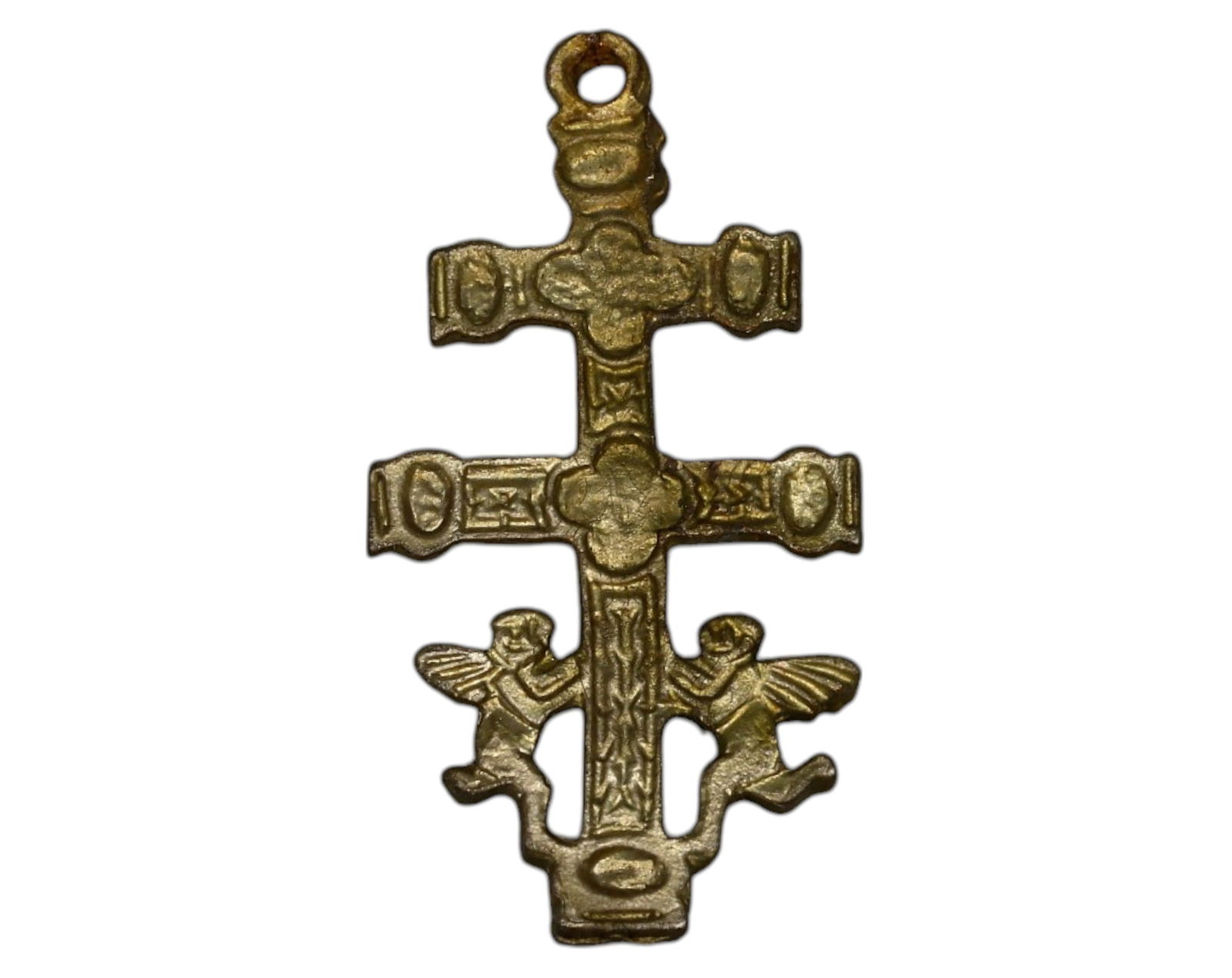 BYZANTINE STYLE: Bronze Double-Bar Cross Pendant - Crucifixion & Angelic Figures, 2g, 3x1.5cm (1 of 3)