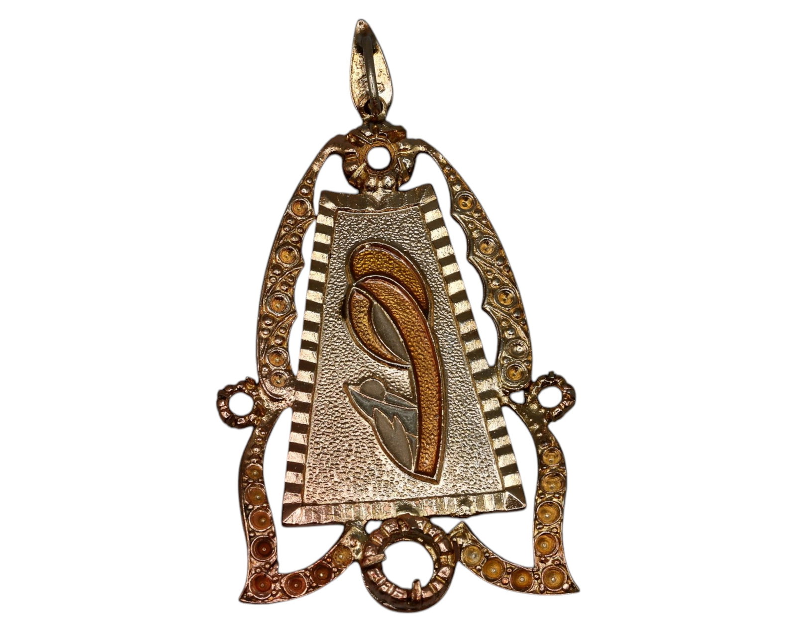MEXICO: Ornate Virgen de Guadalupe Pendant - Gilded Copper, Mid-20th Century: An exquisite Mexican gilded copper pendant, measuring 5.5 x 3 cm and weighing 9.5 grams, featuring a stylized depiction of the Virgin of Guadalupe, Mexico’s most revered Marian figure. The central d