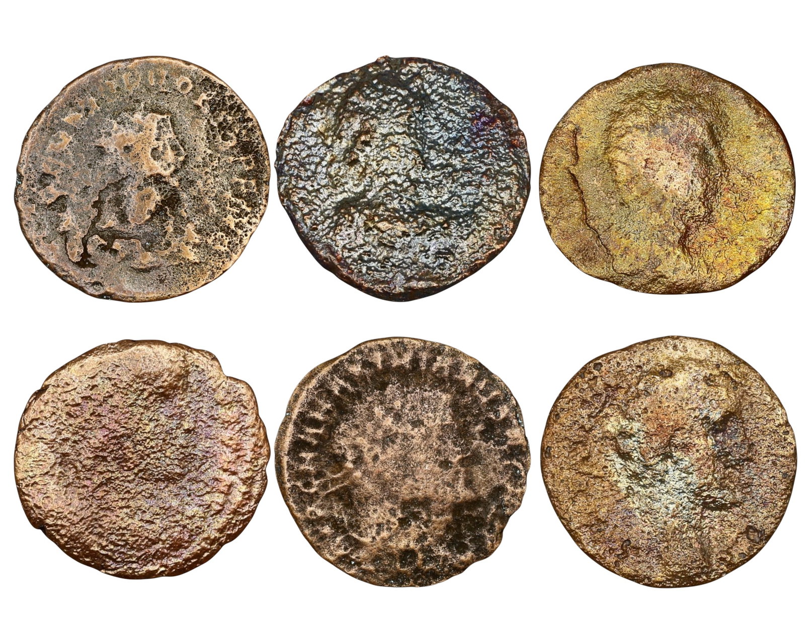 ROMAN EMPIRE: Lot of 6 AE Coins - Imperial & Provincial Issues, 16-22mm: A fascinating lot of six Roman bronze coins, displaying a mix of imperial busts, inscriptions, and wreath motifs, characteristic of coinage from the 3rd to 4th centuries AD. Some pieces retain traces 