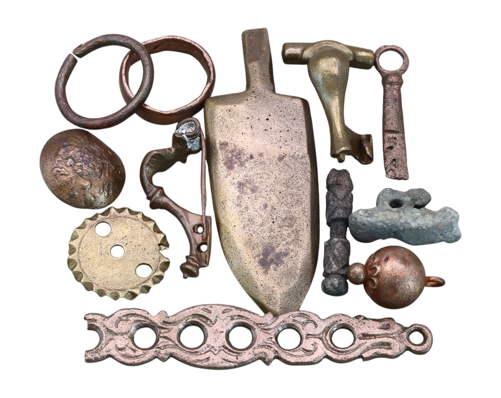 ROMAN EMPIRE: Assorted Bronze & Lead Artifacts - 12-Piece Collection (2.2-8cm, 119g): A diverse assemblage of 12 Roman-era artifacts, featuring an intriguing mix of bronze and lead objects used in daily life, trade, and military applications. This set includes a bronze spatula, possibl