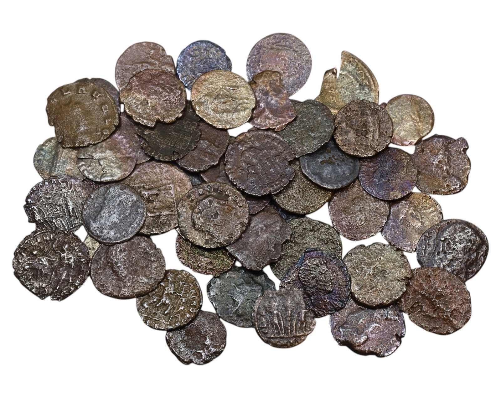 ANCIENT ROME/BYZANTINE: Lot of 50 AE Bronze Coins, 64g, 1.5-2cm: An intriguing lot of AE bronze coins from the late Roman and early Byzantine periods. These diminutive nummi and folles circulated during times of great transition, from the crisis of the late Roman E